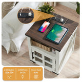 Barnyatoh Farmhouse Nightstand with Charging Station, Rustic End Table with Tempered Glass Barn Door, Wood Sofa Side Bedside Table with Open Storage Shelf for Living Room, Bedroom, White Barnyatoh