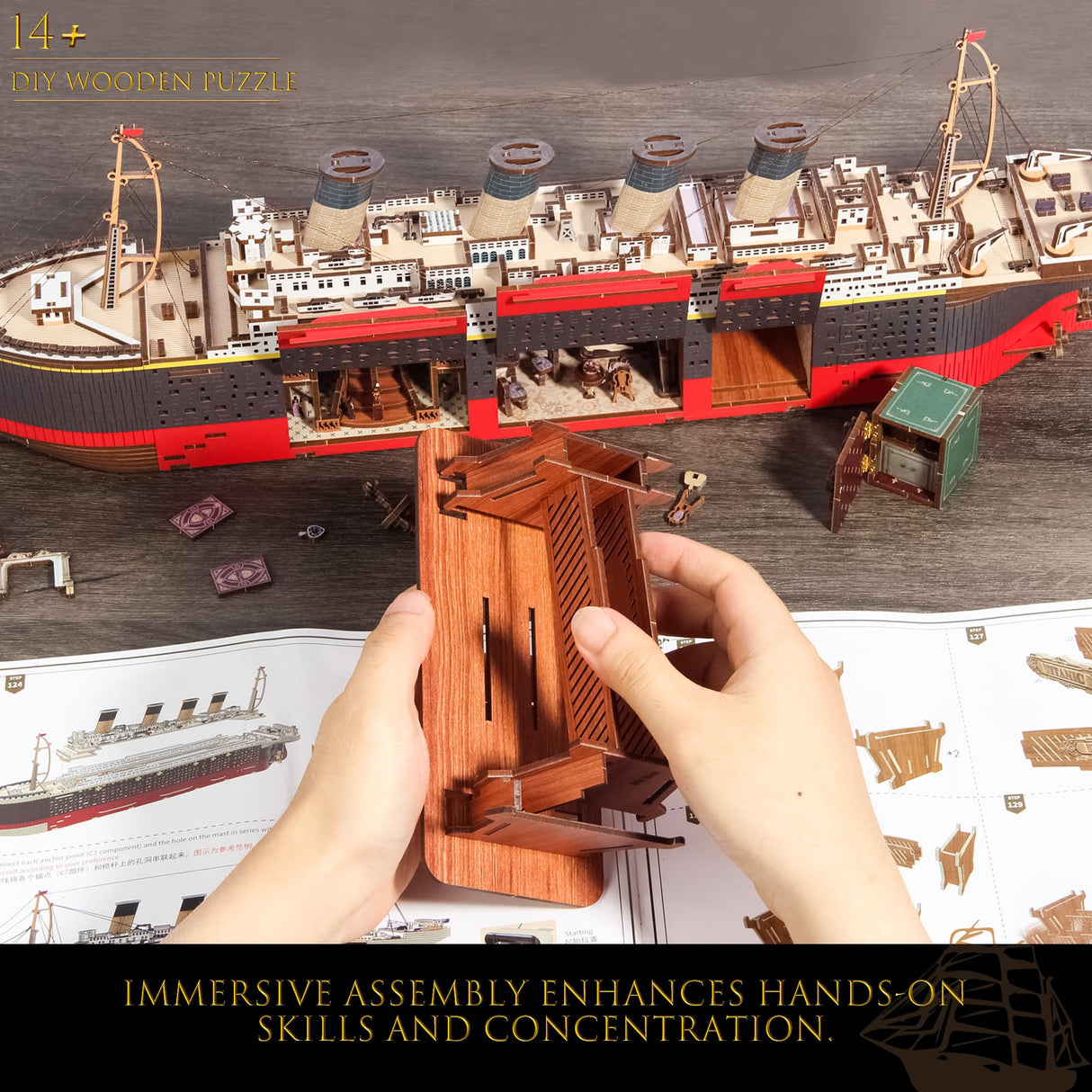 Titanic Model 3D Wooden Puzzles for Adults, Titanic Model Kit Set, Titanic Toys for Adults Teens with LED Light, Dance Hall, Lounge, Home Decor, Birthday, Christmas Fuiltee