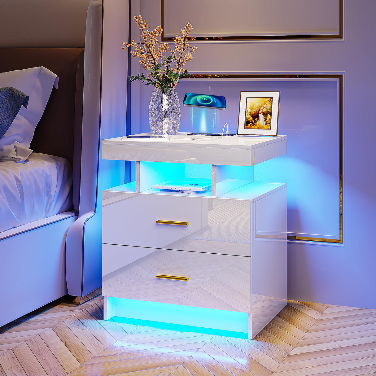 HNEBC Auto LED Nightstand with Wireless Charging Station & USB Ports,High Gloss Bedside Tables with 2 Drawers,Floating Nightstand with 3 Color & Adjustable Brightness Embedded LED Light Strip HNEBC