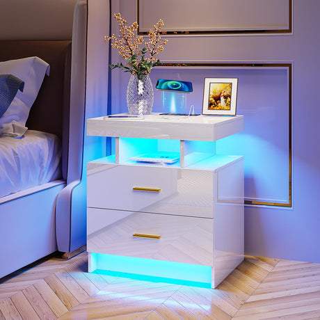 HNEBC Auto LED Nightstand with Wireless Charging Station & USB Ports,High Gloss Bedside Tables with 2 Drawers,Floating Nightstand with 3 Color & Adjustable Brightness Embedded LED Light Strip HNEBC