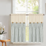 Cotton Linen Farmhouse Kitchen Curtains 36 Inch Boho Rustic Button Tier Curtains Natural/Sage Green Stripe Color Block Curtain Rod Pocket Small Window Curtain for Cafe Bathroom Bedroom Drapes BLEUM CADE