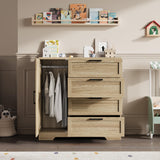 GarveeHome Wood Armoire Wardrobe Closet with 4 Drawers and Door, 43.3 in H Bedroom Wardrobe Cabinet with Hanging Rod, Clothing Storage Cabinets, 4 Drawers Dresser with Storage Closet, Natural Oak GarveeHome