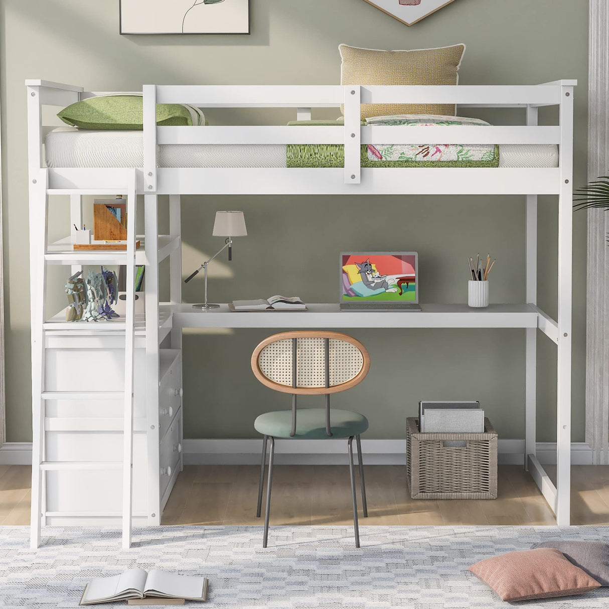 Merax Twin Loft Bed, Twin Size Loft Bed with Desk, Wood Loft Bed Frame with Shelves and 2 Built-in Drawers, No Box Spring Need, White Visit the Merax Store