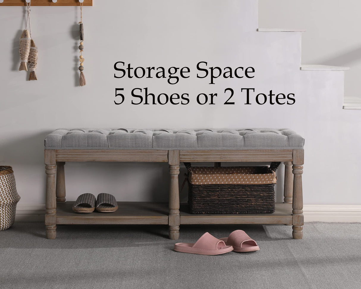 Janoray Farmhouse Storage Bench Wooden Entryway Upholstered Tufted Ottoman Bench for Bedroom End of Bed Hallway Organizer, Grey Janoray