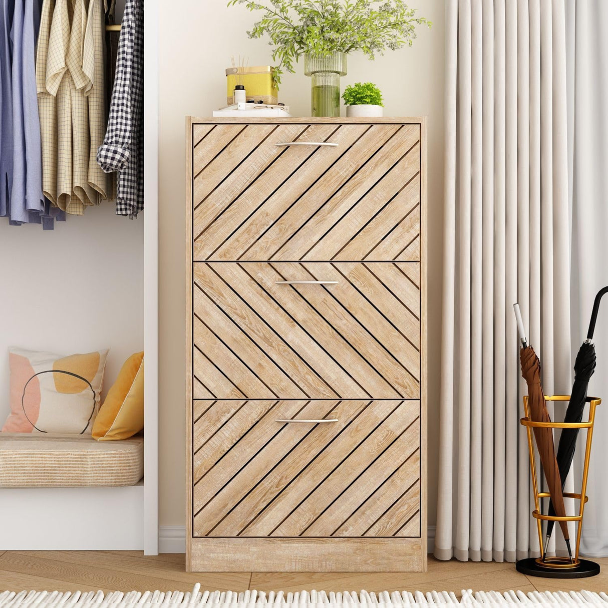 MOUMON Shoe Cabinet with 3 Flip Drawers, Slanted Design, Shoe Storage Organizer for Hallway Light Brown (22.4”W x 9.4”D x 42.3”H) MOUMON