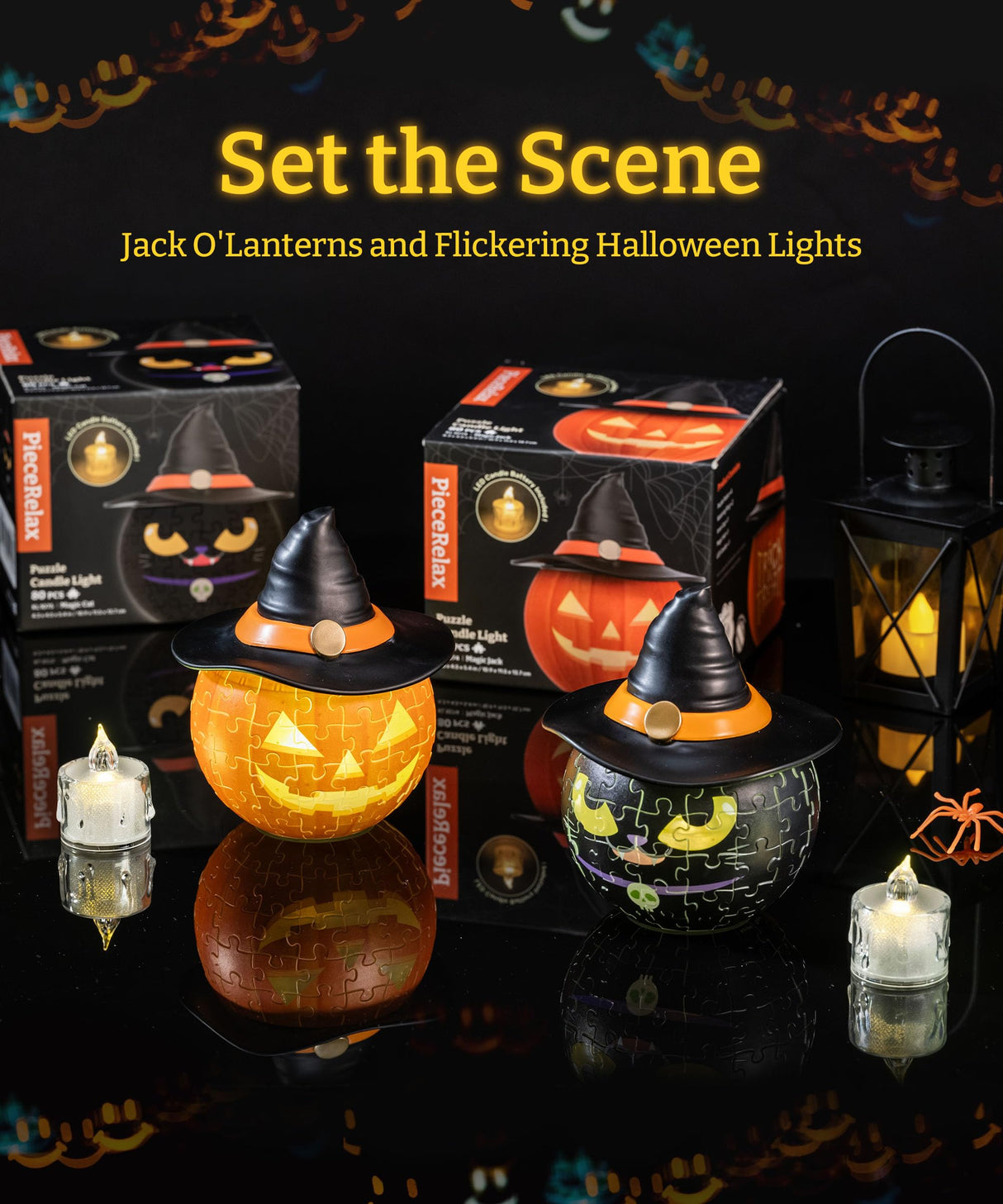 PieceRelax 3D Halloween Puzzle Candle Light - LED Jack O’ Lantern Decor with Flameless Tea Lights - Battery Operated Plastic Pumpkins for Indoor & Outdoor Spooky Decorations, Magic Cat [KL1075] PieceRelax