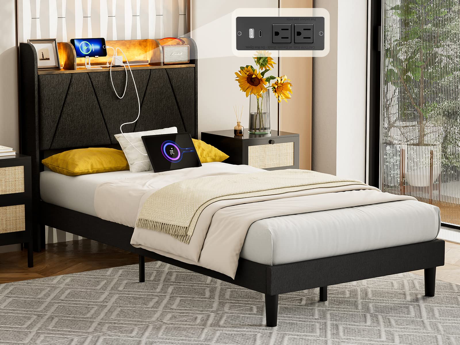 IKIFLY Twin XL Upholstered Bed Frame with LED Lights, Storage Headboard & Charging Station - Black - WoodArtSupply