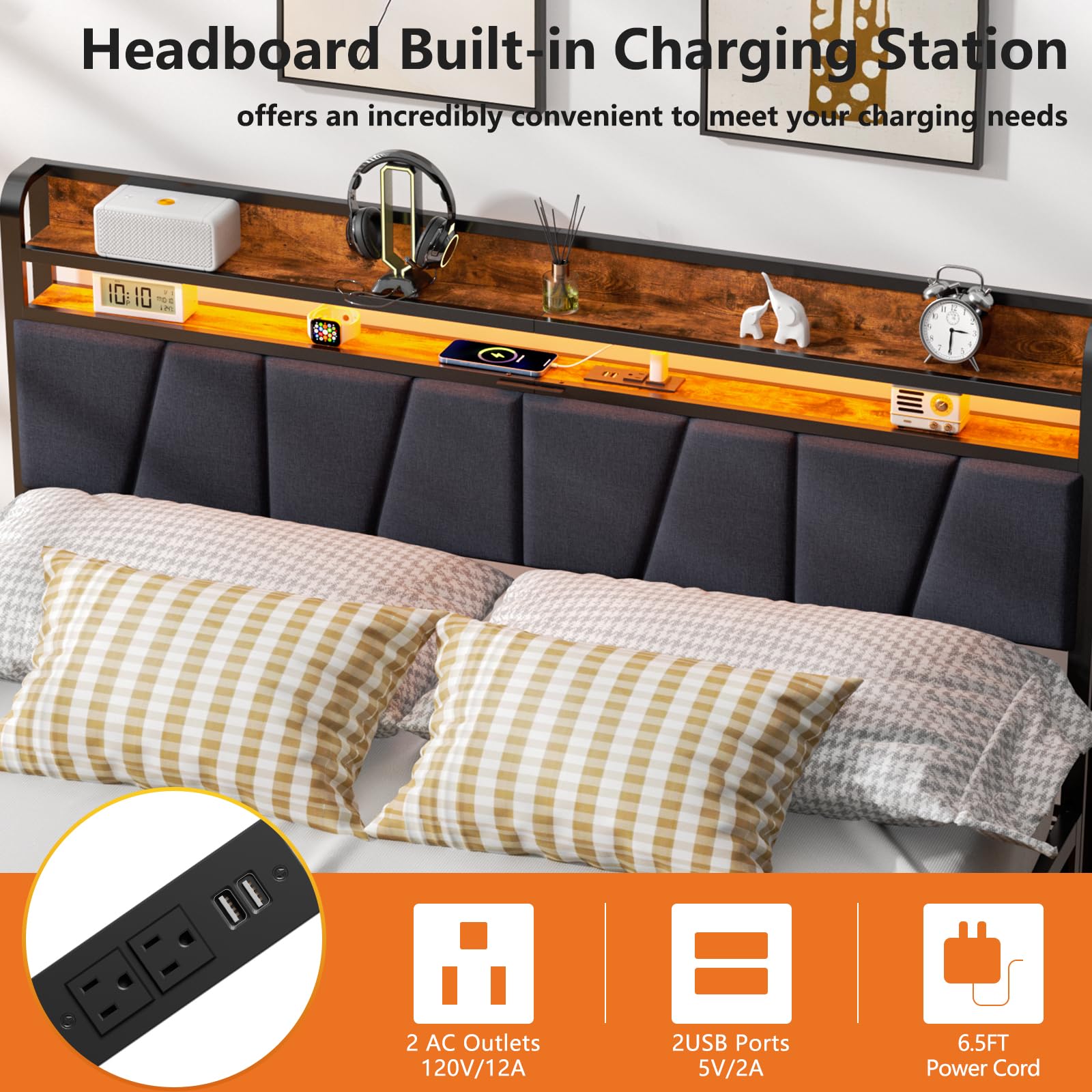 Furnulem King Size Headboard with Charging Station, USB Ports, and Adjustable RGB LED Light - WoodArtSupply