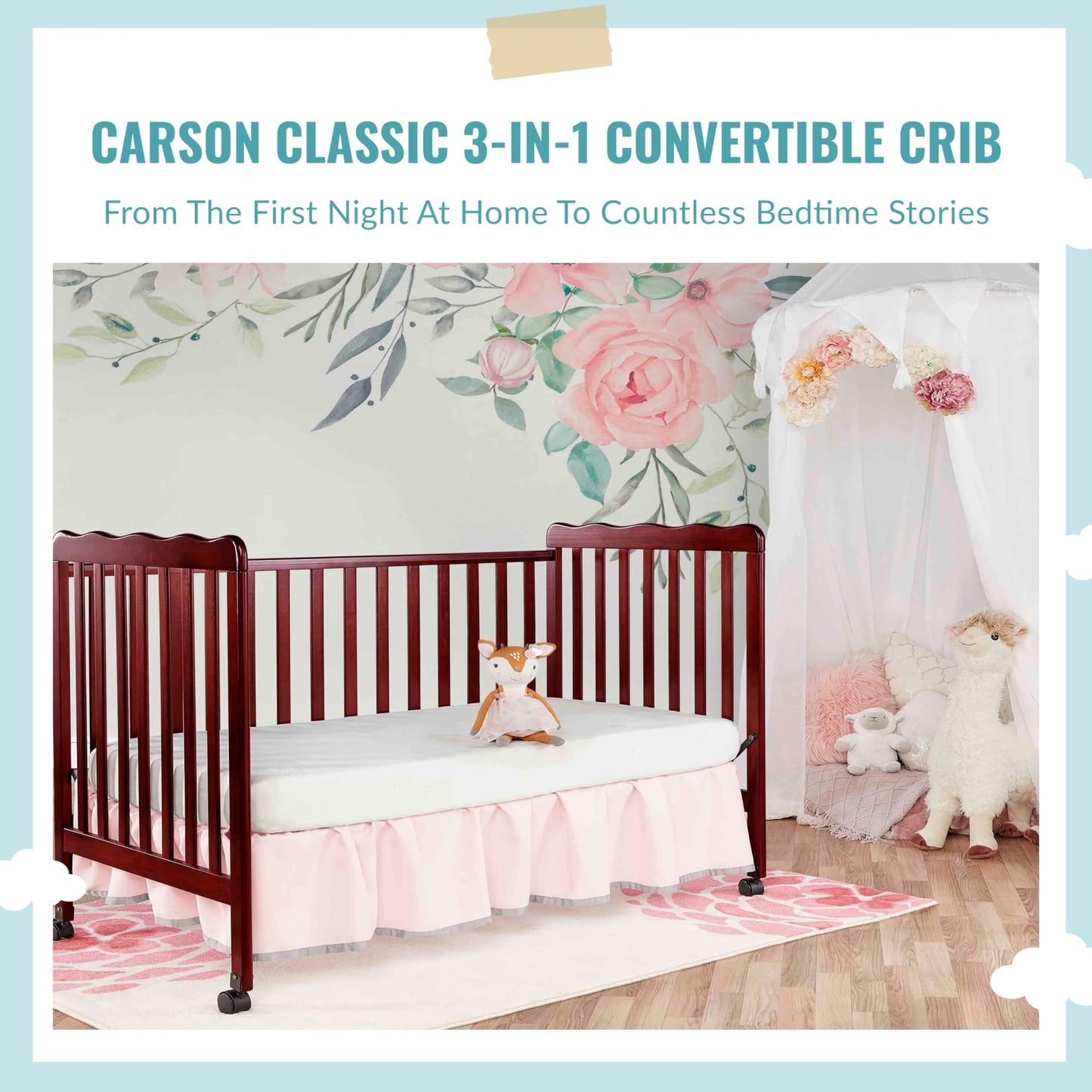 Dream On Me Carson Classic 3-In-1 Convertible Crib In Cherry, Made Of Sustainable Pinewood, Non-Toxic Finish, Comes With Locking Wheels, Wooden Nursery Furniture - WoodArtSupply