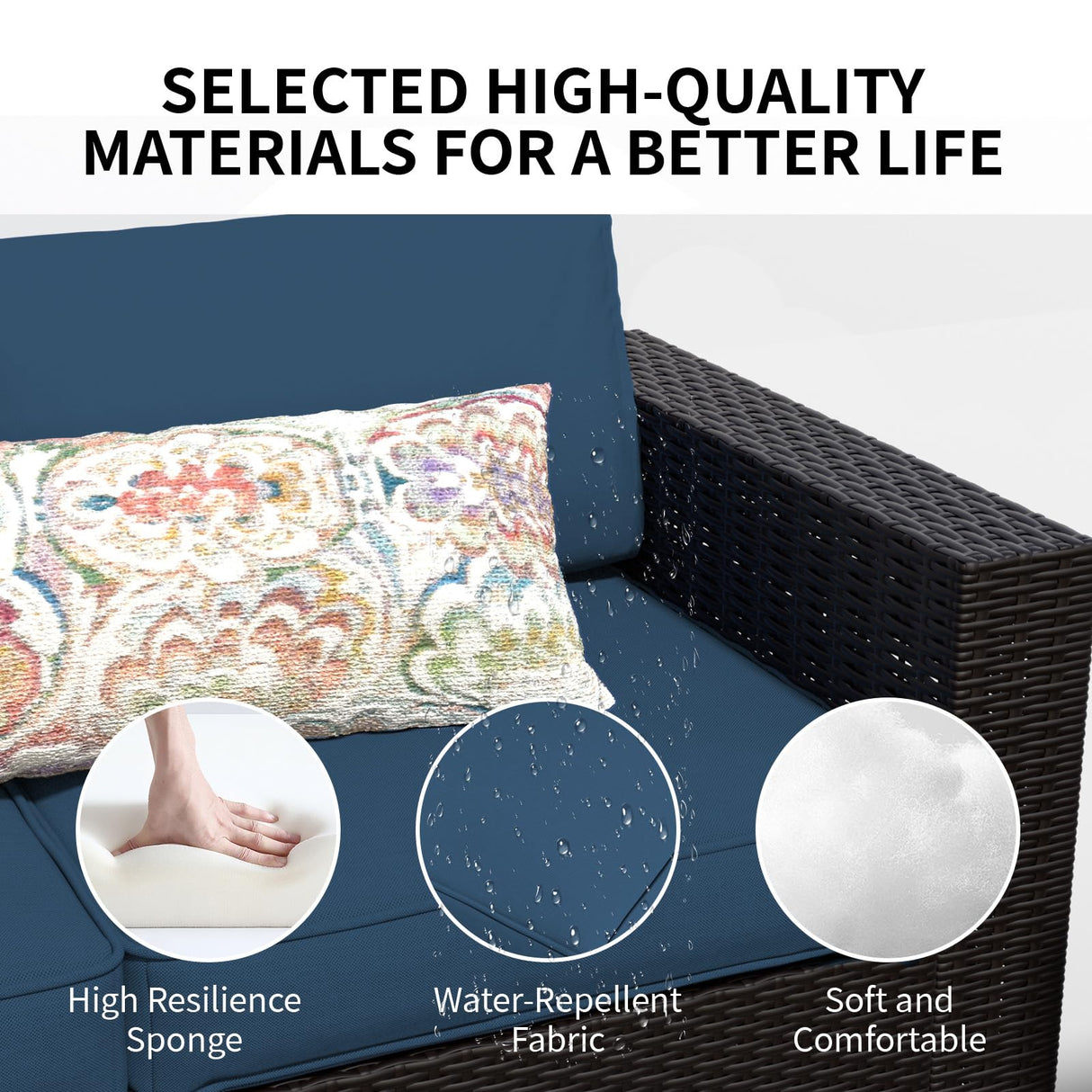 7 Piece Patio Furniture Set, Wicker Outdoor Sectional Sofa with Washable Cushion Covers and Tempered Glass Table, Rattan Conversation Set for Poolside (Black Rattan + Prussian Blue, 7 pcs) SHGJ&SOFT