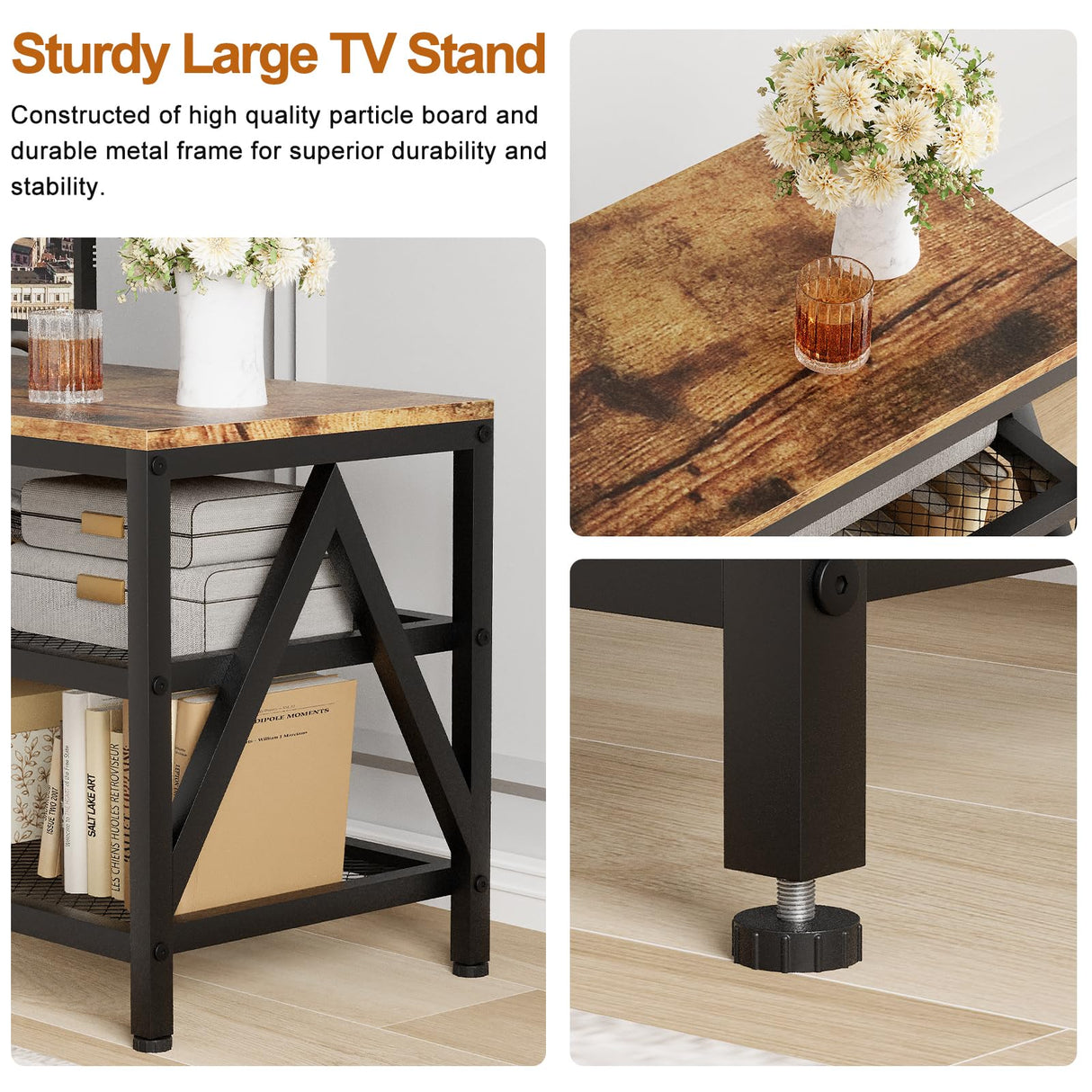 Katrawu TV Stand for TV up to 75 Inch, Long 70" TV Cabinet with 3-Tier Storage Shelves,Entertainment Center TV Console Table for Living Room with Industrial TV Metal Frame, Rustic Brown Katrawu