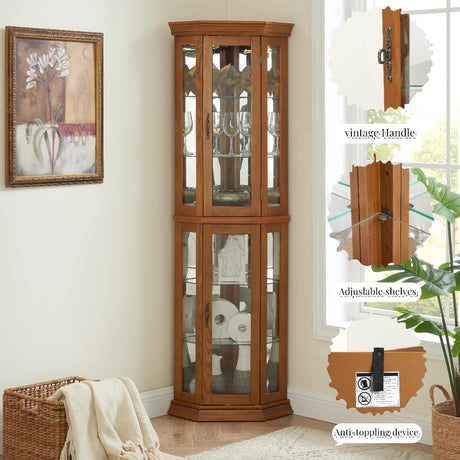 nifoti 69" H Lighted Curio Cabinet Corner Display Case, Corner Glass Cabinets with Tempered Glass Door & Adjustable Shelves, Wooden Curio Cabinet w/Mirrored Back Pane for Living Room (Oak) nifoti