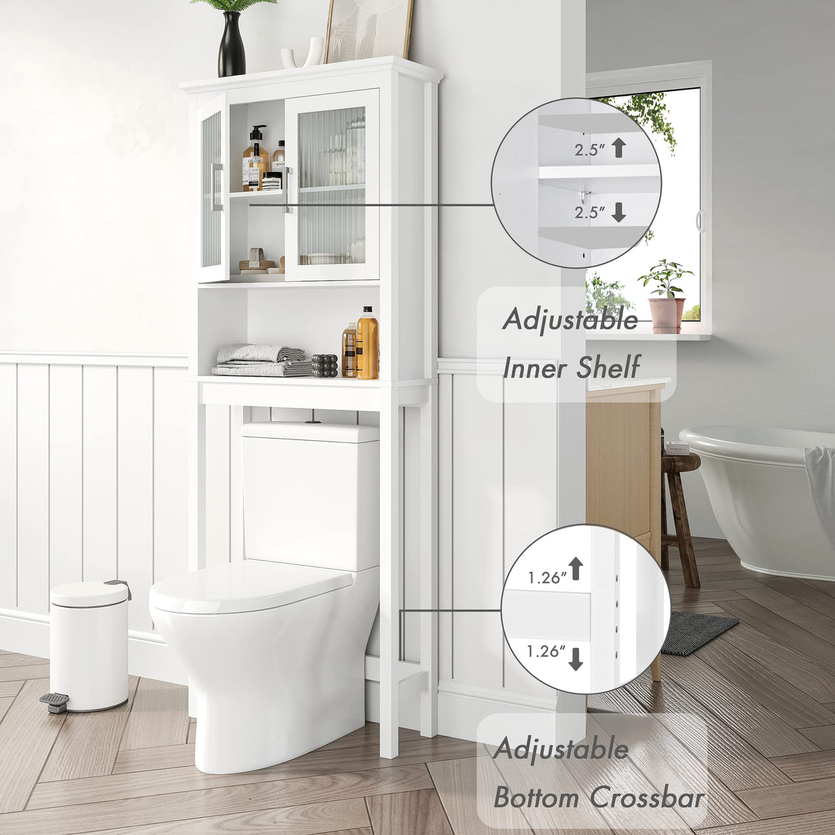 Spirich Over The Toilet Cabinet for Bathroom Storage, Above Toilet Storage Cabinet with Moru Tempered Glass Doors, White Spirich