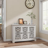 LKTART 44" Sideboard Buffet Cabinet, Farmhouse Accent Storage with 3 Hollow Carved Doors for Living/Dining Room,Kitchen Antique White LKTART