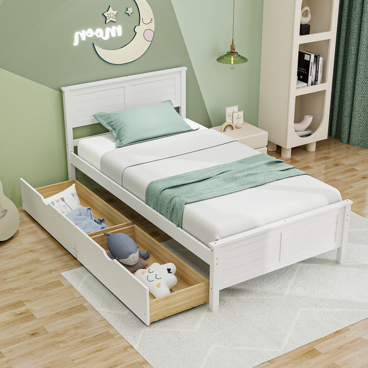 Giantex Wood Twin Bed with 2 Storage Drawers, Solid Wood Platform Bed with Headboard, Wooden Slats Support Mattress Foundation, No Spring Needed, Twin Bed Frame for Kids, Teens, Adults, White Giantex