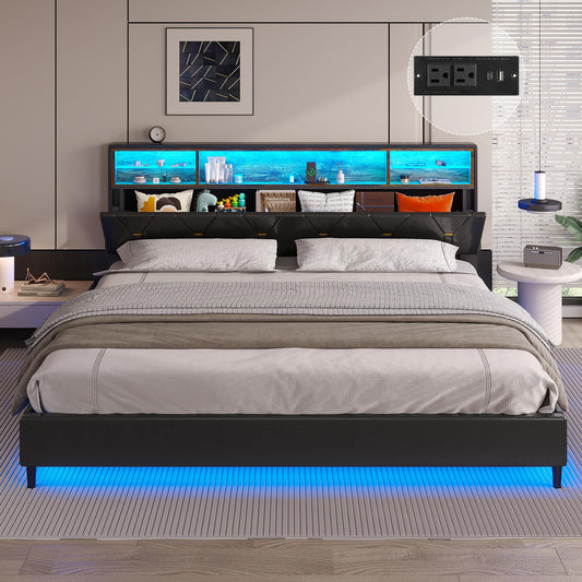 HAUOMS King Size Bed Frame with Storage Headboard, RGB LED Lights, and Charging Station - Black PU Leather Platform - WoodArtSupply