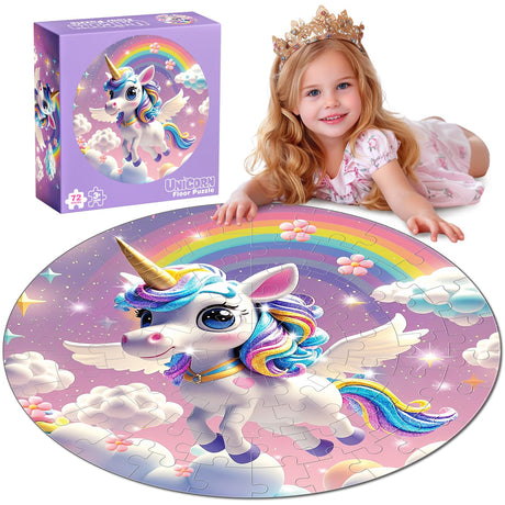72 Pieces Shimmery Jumbo Unicorn Floor Puzzle for Girls 3-5 4-6 Age Floor Puzzles for Boys and Girls Large Round Floor Jigsaw Puzzles (Unicorn) rifamee