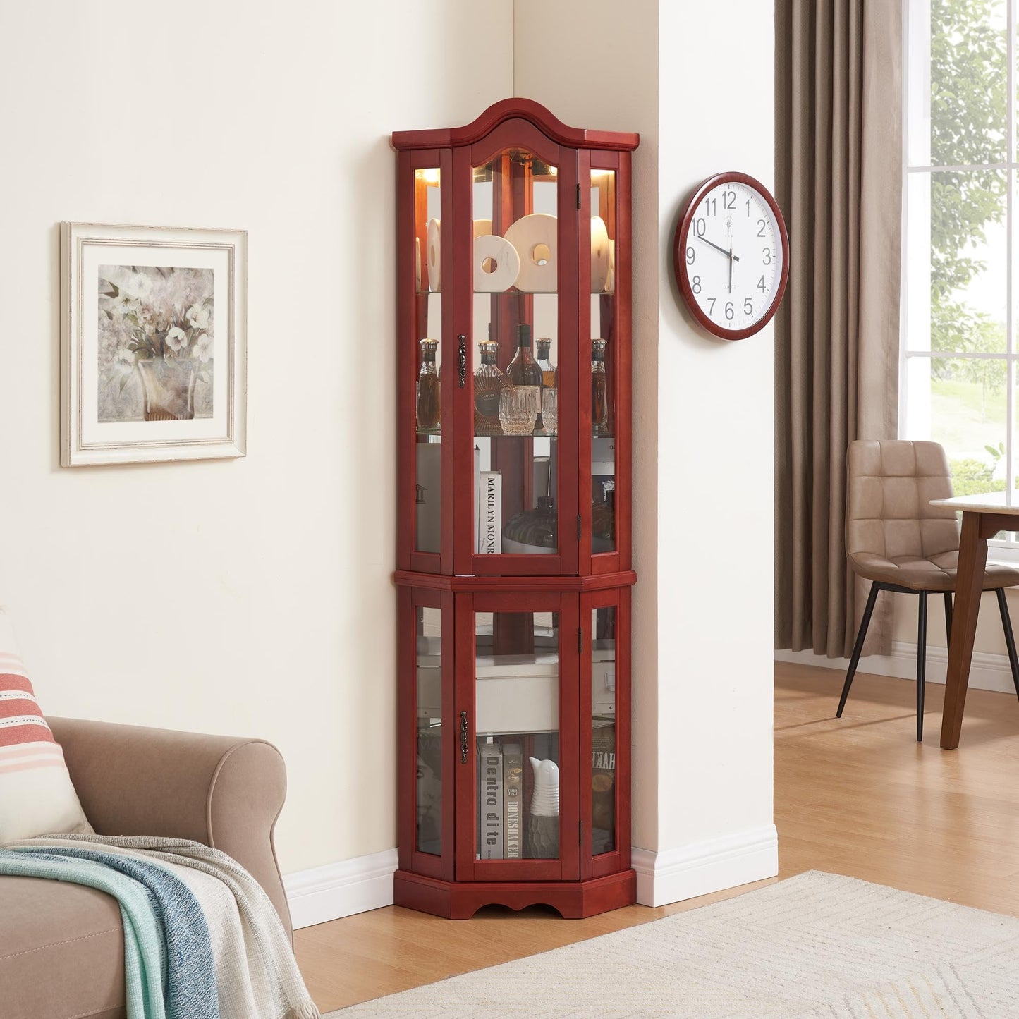 KEIKI Corner Curio Cabinet with Light, Glass Corner Cabinet Display Case with Adjustable Glass Shelves & Carved Decoration, Lighted Corner Showcase with Bulb, Mirrored Back Panel, Glass Doors, Cherry