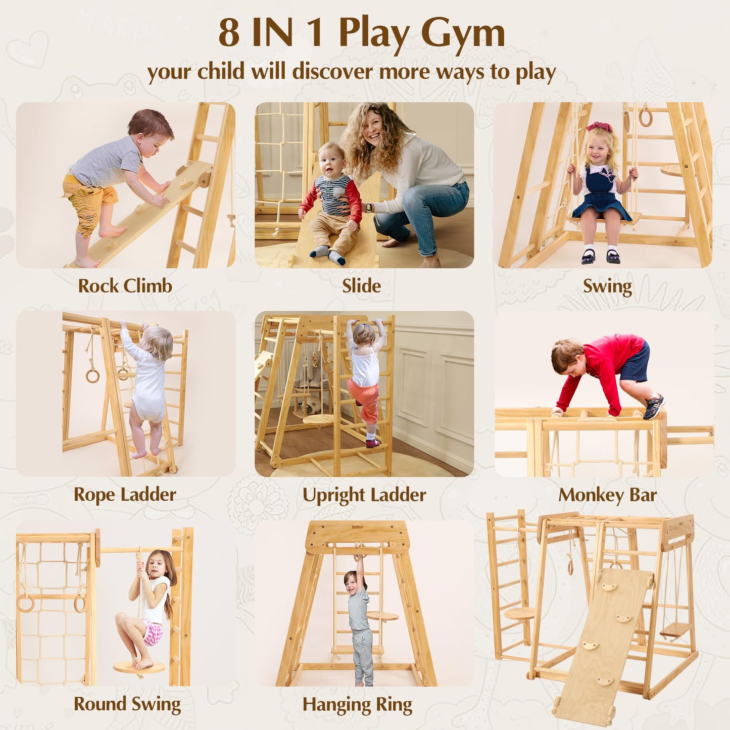 Belleur 8 in 1 Large Indoor Jungle Gym, Wooden Montessori Indoor Playground for Kids with Slide, Climbing Wall/Net, Rope Ladder, Monkey Bars, Swing, Hanging Ring, Climbing Toy for Toddler 2-8 Inside