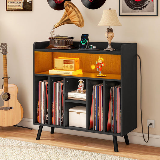 DWVO Large Record Player Stand, Turntable with Power Outlets & LED Lights, Vinyl Record Player Table with Album Storage, Turntable Stand with Record Storage Shelf for Living Room, Black