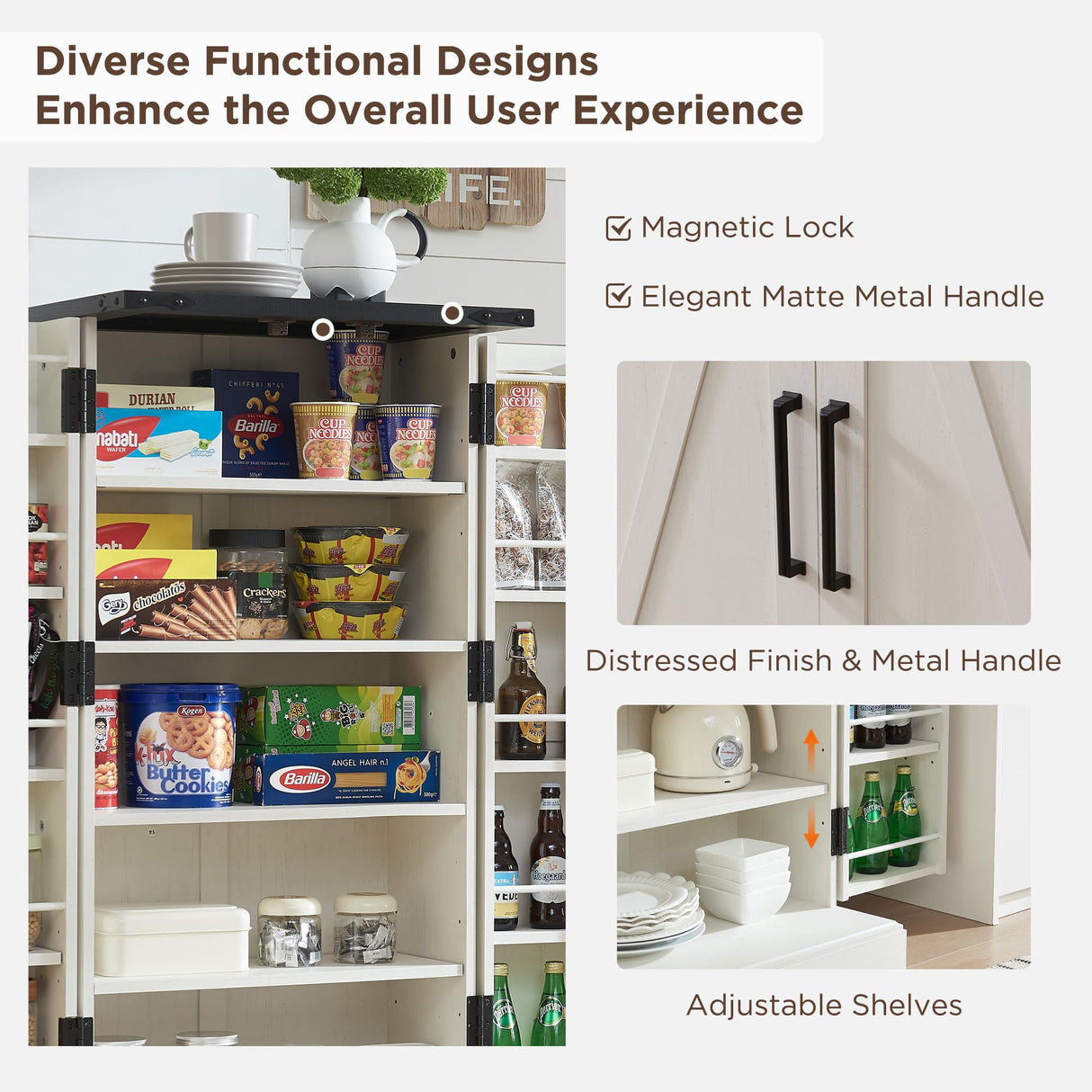 ACCOHOHO 47" Kitchen Pantry, Farmhouse Storage Cabinet with Barn Doors, Organizer and Adjustable Shelves, Rustic Wood Cupboard for Kitchen, Dining ACCOHOHO