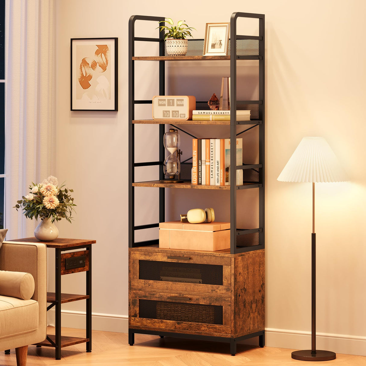 IDEALHOUSE Bookshelf with Drawers Industrial Bookcase with 4 Tiers Open Storage Shelves Rustic Bookshelves 70.87" Tall Display Racks Farmhouse Bookshelf for Bedroom, Living Room, Home Office, Brown IDEALHOUSE