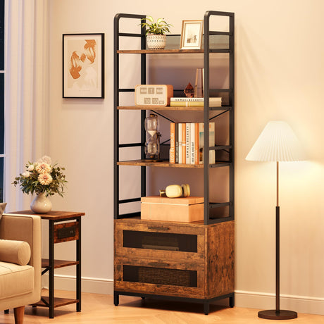 IDEALHOUSE Bookshelf with Drawers Industrial Bookcase with 4 Tiers Open Storage Shelves Rustic Bookshelves 70.87" Tall Display Racks Farmhouse Bookshelf for Bedroom, Living Room, Home Office, Brown IDEALHOUSE
