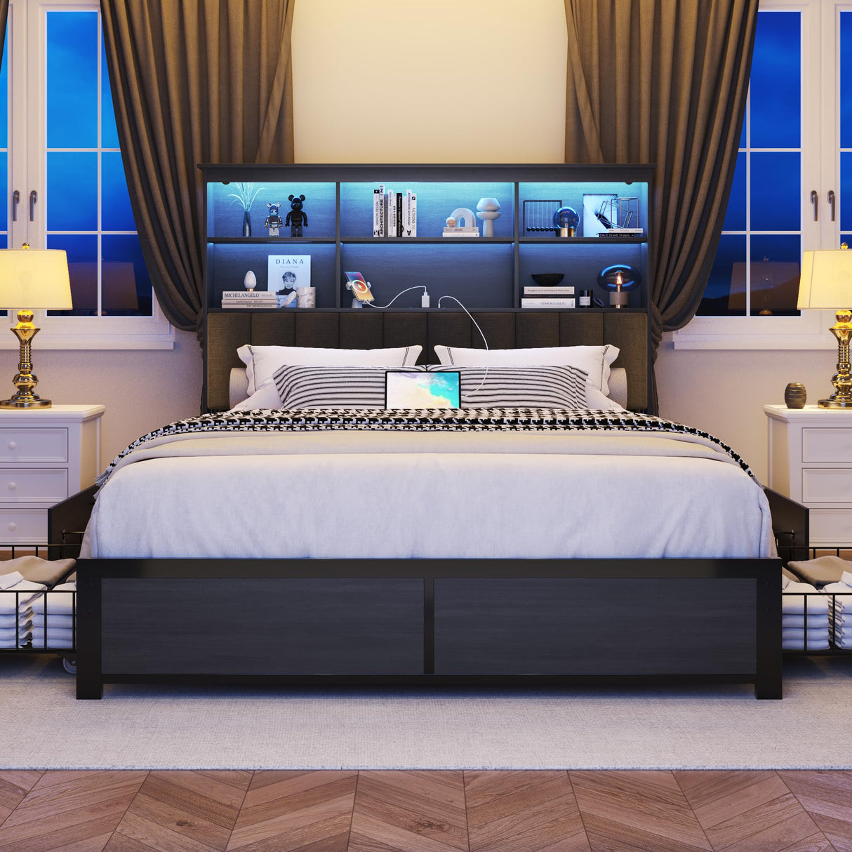 Lifezone Queen Bed Frame with Headboard, Queen Bed Frame with High Storage Bookcase Headboard, 4 Storage Drawers & Charging Station, No Box Spring Needed/Noise Free/All-Metal Support, Rustic Grey Lifezone