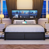 Lifezone Queen Bed Frame with Headboard, Queen Bed Frame with High Storage Bookcase Headboard, 4 Storage Drawers & Charging Station, No Box Spring Needed/Noise Free/All-Metal Support, Rustic Grey Lifezone