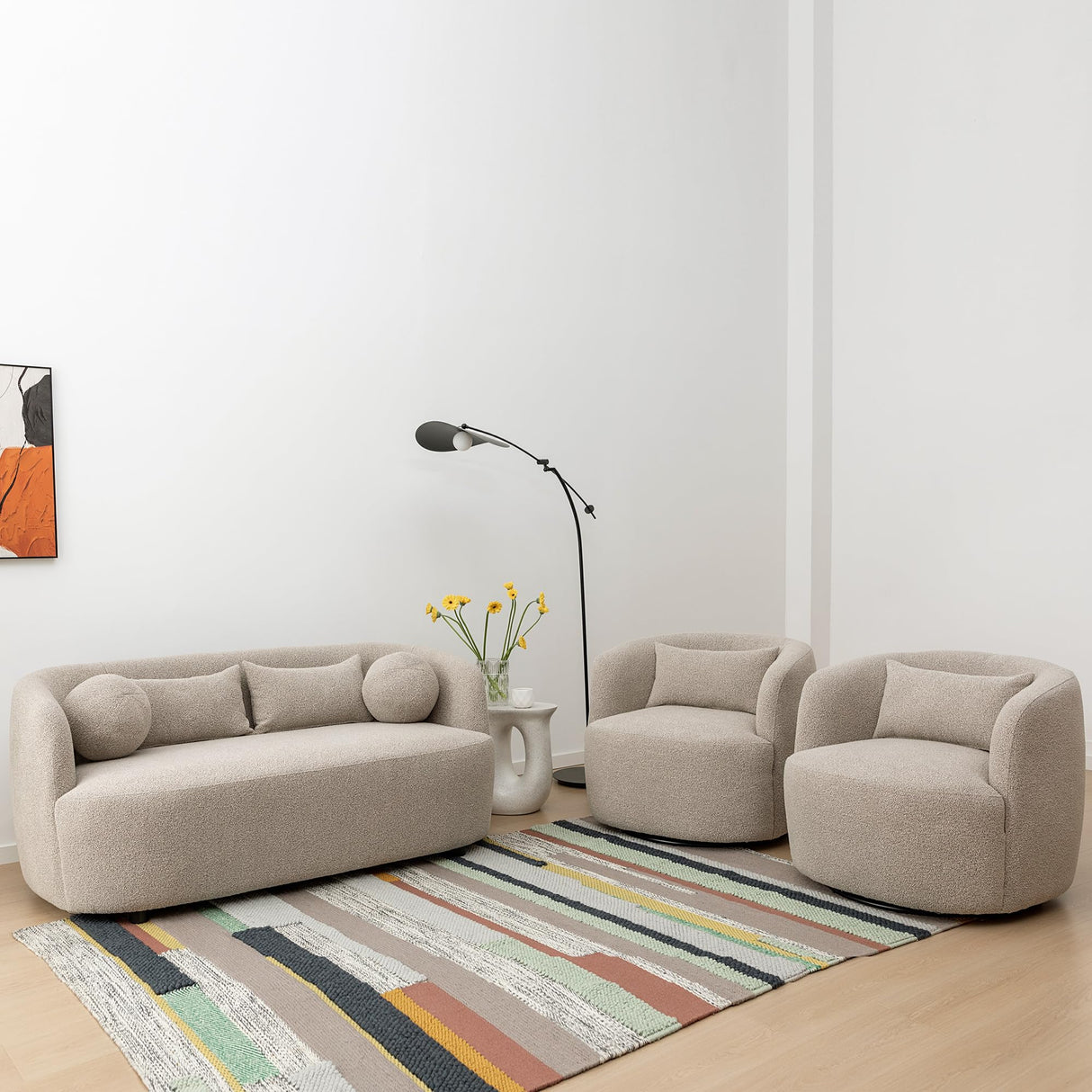 KINWELL 34" Wide Boucle Swivel Barrel Chairs Set of 2, No Assembly Round Upholstered Armchairs Accent Chairs Single Sofa Chair with Toss Pillow for Living Room and Bedroom, Taupe KINWELL