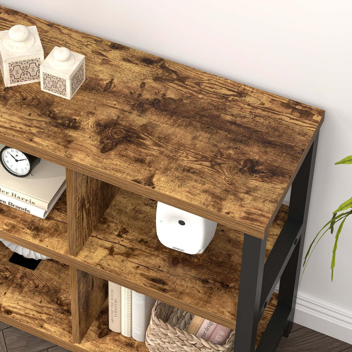 FOLUBAN Industrial Horizontal Bookshelf, 6 Cube Storage Organizer with Shelf, Wood and Metal Cubby Bookcase for Living Room Bedroom, Rustic Brown, 47 Inch FOLUBAN