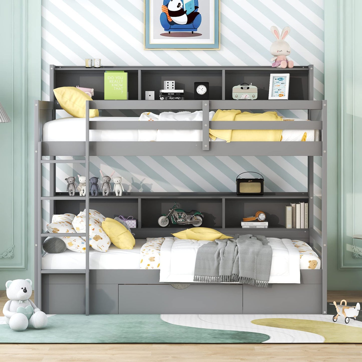 Harper & Bright Designs Twin Over Twin Bunk Bed with Storage and Shelves in Grey - WoodArtSupply