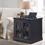 ACCOHOHO 24" Farmhouse End Table - Wood Large Sofa Side Table with Charging Station, Mesh Barn Door, and Adjustable Storage Shelf, Rustic Square Nightstand for Living Room, Bedroom, Antique Black ACCOHOHO
