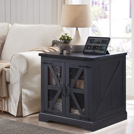 ACCOHOHO 24" Farmhouse End Table - Wood Large Sofa Side Table with Charging Station, Mesh Barn Door, and Adjustable Storage Shelf, Rustic Square Nightstand for Living Room, Bedroom, Antique Black ACCOHOHO