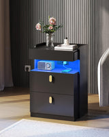 WLIVE Black Nighstand with Charging Station and LED Lights, Night Stand with Sliding Top, Modern Bedside Table with 2 Drawers, End Tables for Bedroom, Living Room, Black WLIVE