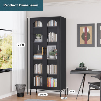 ZONLESON 71" Tall Glass Display Cabinet,Curio Display Cabinet with 4 Adjustable Shelves,Metal Storage Cabinet with Glass Doors,Black Bookcase with Doors,Display Case for Home, School, Office,Kitchen