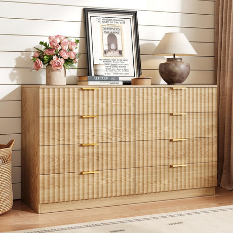 NDOHCUO Fluted 8 Drawer Dresser for Bedroom,47.2''W Modern Dresser for Closet with Metal Handle, Wooden Chest of Drawers for Bedroom, Living Room, Hallway, Natural NDOHCUO