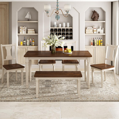 LUMISOL Farmhouse Style 6 Piece Dining Table Set with Bench Includes 60" Rectangular Kitchen Table, 4 Chairs & Bench, Brown+Cottage White