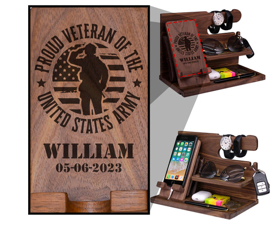 Custom Proud Veteran of the US Army usmc gifts office desk organizer, Personalized air force office decor wooden desk organizers, Engraved veteran air force gifts for men desk & workspace org - WoodArtSupply