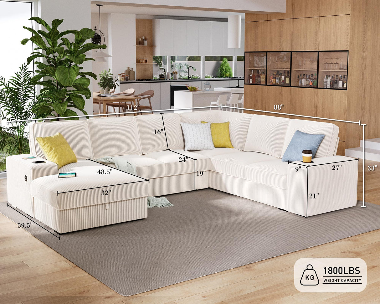 PaPaJet U Shaped Couch, 112 Inch Oversized Couch with Storage Chaise, Sectional Sofa with Cup Holders & 2 USB Ports, Corduroy Beige Sofa PaPaJet