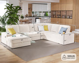PaPaJet U Shaped Couch, 112 Inch Oversized Couch with Storage Chaise, Sectional Sofa with Cup Holders & 2 USB Ports, Corduroy Beige Sofa PaPaJet