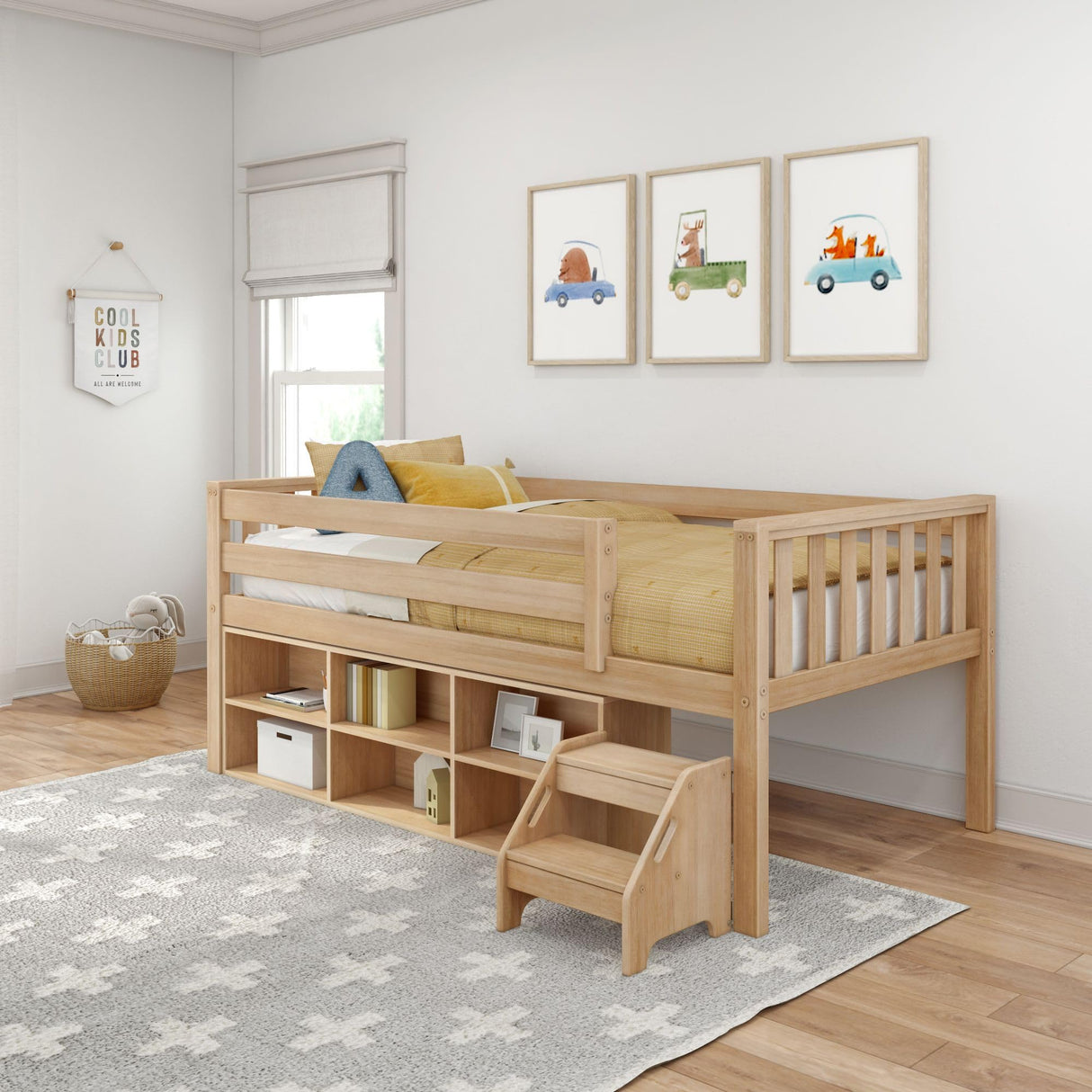 Max & Lily Soren Ultra Low Loft Bed, Twin Bed Frame for Kids with Bookcase, Blonde Max & Lily