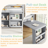 Low Loft Bed with Storage & Rolling Out Desk, Kids Twin Size Loft Beds with Bookcase & Drawers, Rubber Wood Junior Lofts Bed with Dresser/Shelves/Ladder/Guardrails for Boys Girls Teens, Gray Duxelifin