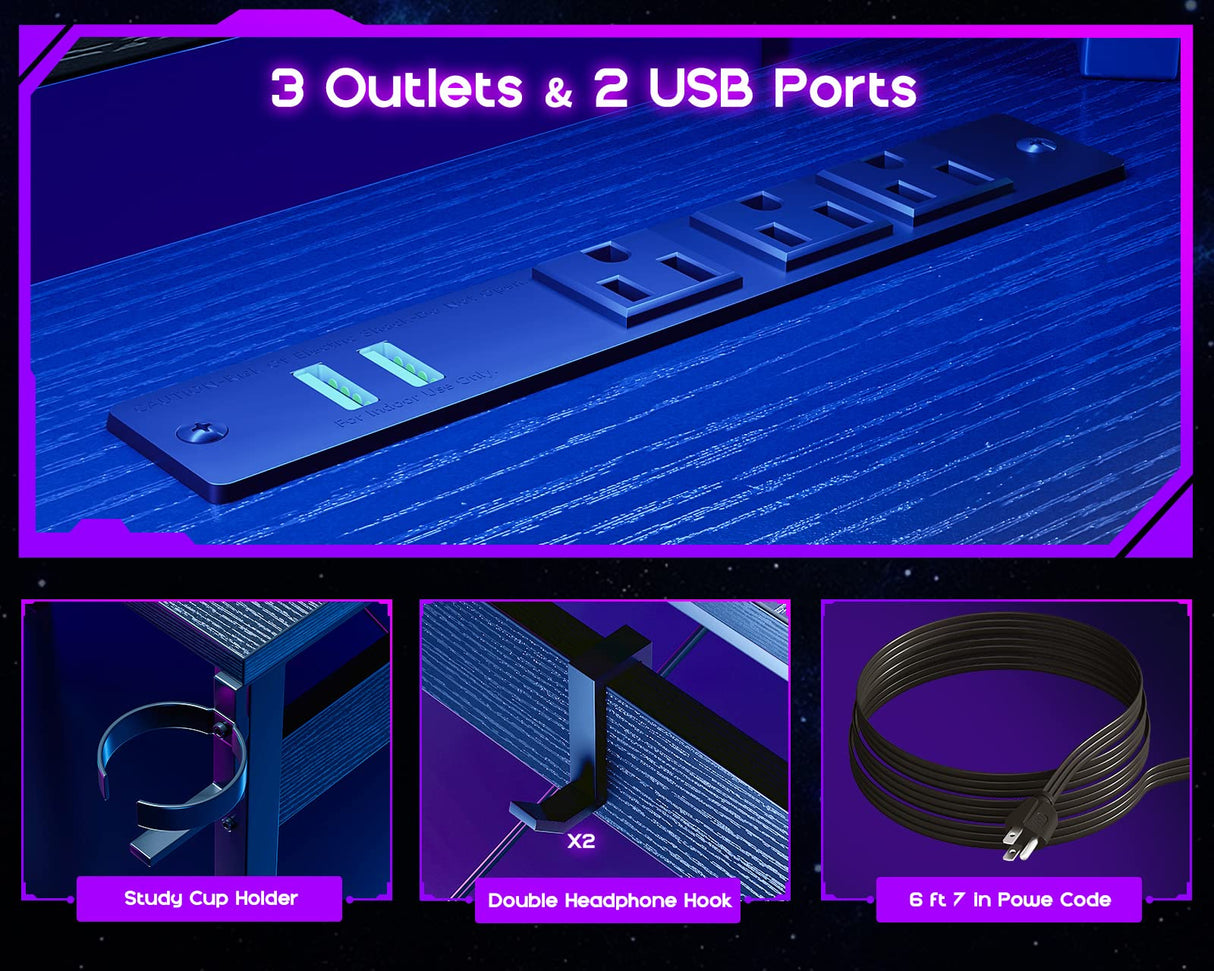 ODK L Shaped Gaming Desk with LED Lights & Power Outlets, 51" Computer Desk with Full Monitor Stand, Corner Desk with Cup Holder, Gaming Table with Hooks, Black ODK