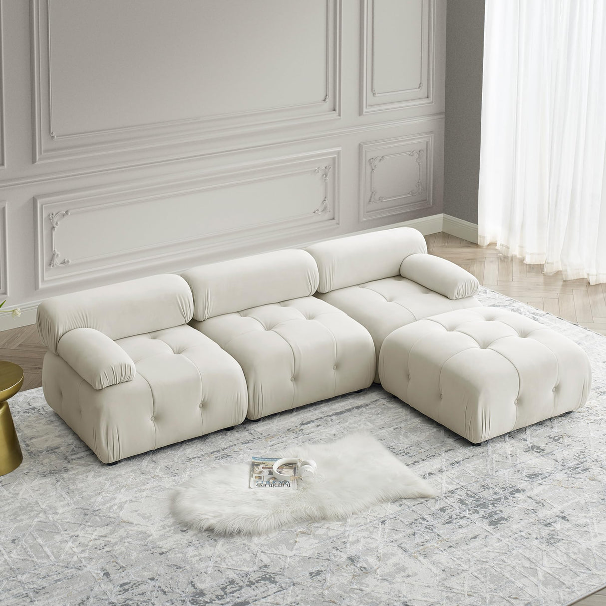 GNIXUU Modular Sectional Sofa, 93" Convertible L-Shaped Couch for Living Room, Modern Button Tufted Cloud Couches with Comfy Armrest, Beige Velvet GNIXUU