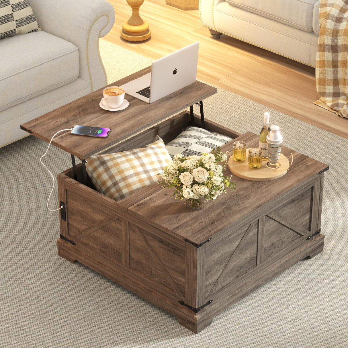 Vabches 31.5" Lift Top Coffee Table with Storage, Farmhouse Square Coffee Tables for Living Room, Center Table with Charging Station and Hidden Space, Grey Vabches