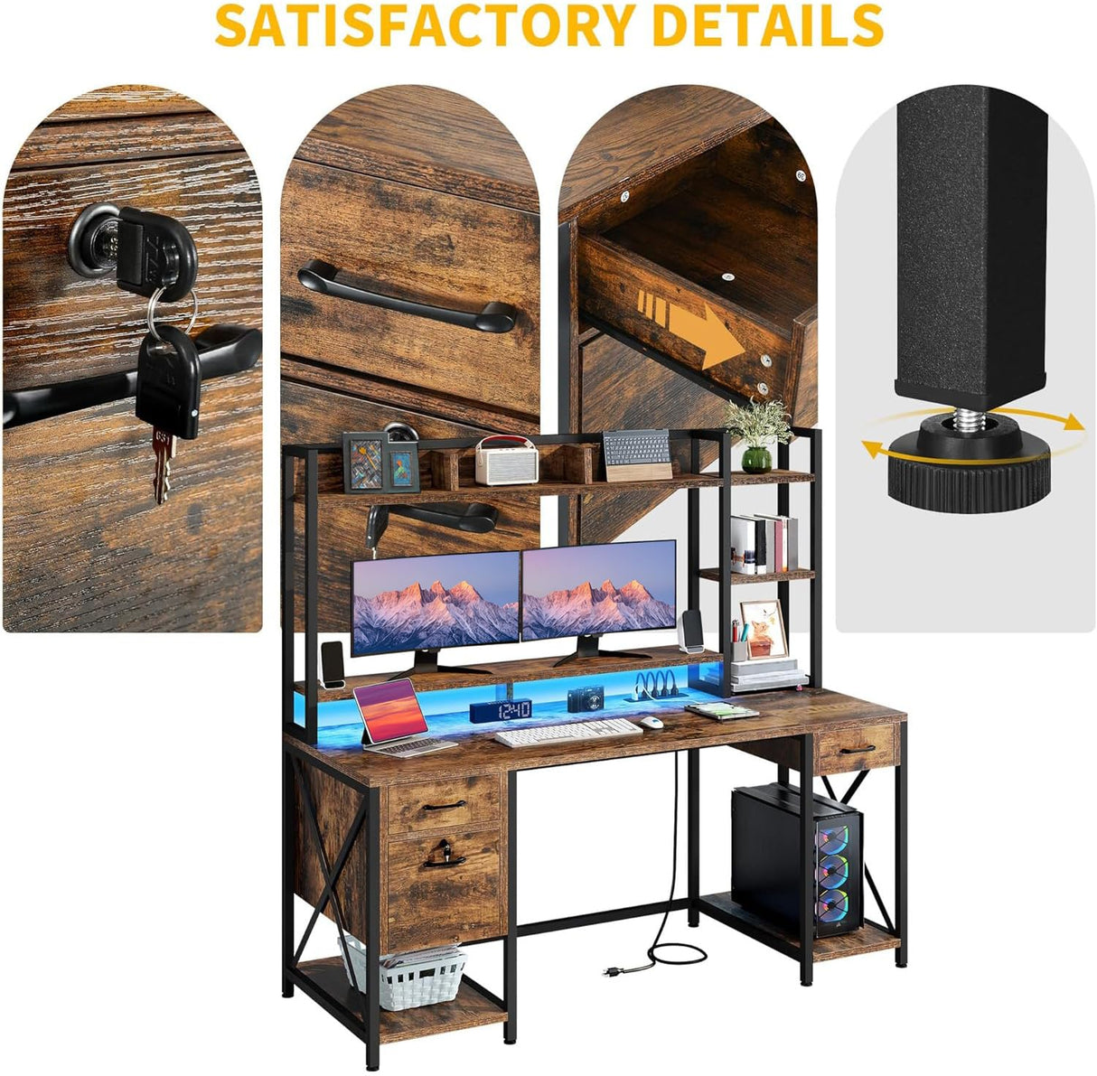 DWVO Computer Desk with Drawers & Hutch, 59.1" Office Desk with Power Outlets & LED Lights, Home Office Desk with Storage Shelves, Rustic Brown DWVO