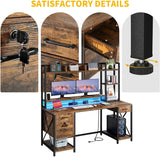DWVO Computer Desk with Drawers & Hutch, 59.1" Office Desk with Power Outlets & LED Lights, Home Office Desk with Storage Shelves, Rustic Brown DWVO