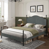 AMERLIFE Upholstered Full Size Bed Frame with 51.2" Tall Headboard, Metal Four Poster LED Beds for Bedroom, Easy Assembly, Wooden Slats, Dark Grey AMERLIFE