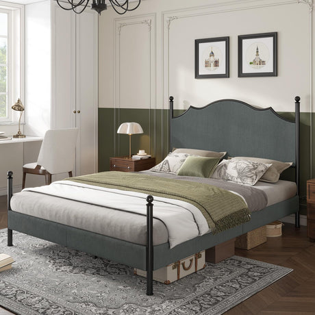 AMERLIFE Upholstered Full Size Bed Frame with 51.2" Tall Headboard, Metal Four Poster LED Beds for Bedroom, Easy Assembly, Wooden Slats, Dark Grey AMERLIFE